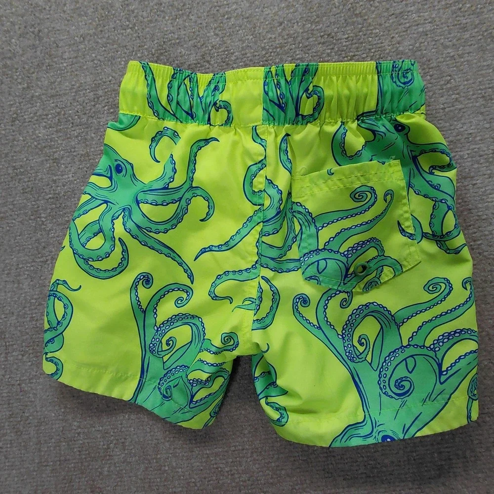 Sol Borne Boys Swim Trunks Neon Yellow Octopus Size XS (5) Elastic Tie Waist